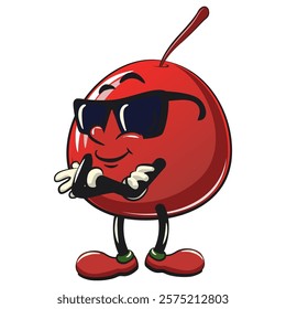 Cute red cherry fruit vektor illustration mascot character wearing sunglasses folding his arms calmly, work of hand drawn