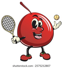 Cute red cherry fruit vektor illustration mascot character playing tennis, work of hand drawn