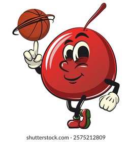 Cute red cherry fruit vektor illustration mascot character spin the basketball with the index finger, work of hand drawn