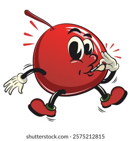 Cute red cherry fruit vektor illustration mascot character blowing the whistle, work of hand drawn