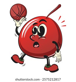 Cute red cherry fruit vektor illustration mascot character playing basketball, work of hand drawn