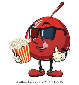 Cute red cherry fruit vektor illustration mascot character with a bucket of popcorn with wearing 3d glasses, work of hand drawn