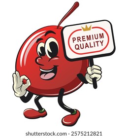 Cute red cherry fruit vektor illustration mascot character carrying a sign board that says premium quality while giving an okay sign, work of hand drawn