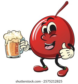 Cute red cherry fruit vektor illustration mascot character lift a big glass of beer, work of hand drawn