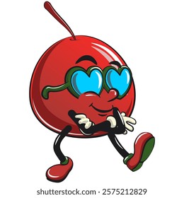 Cute red cherry fruit vektor illustration mascot character wearing heart shaped beach sunglasse, work of hand drawn