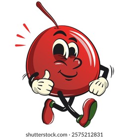 Cute red cherry fruit vektor illustration mascot character walking with thumbs up, work of hand drawn