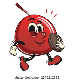 Cute red cherry fruit vektor illustration mascot character playing rugby and american football, work of hand drawn