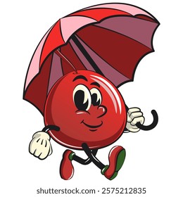 Cute red cherry fruit vektor illustration mascot character walking with an umbrella, work of hand drawn