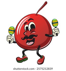 Cute red cherry fruit vektor illustration mascot character playing maracas, work of hand drawn