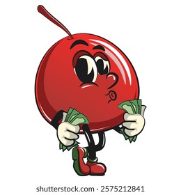 Cute red cherry fruit vektor illustration mascot character carrying money while whistling, work of hand drawn