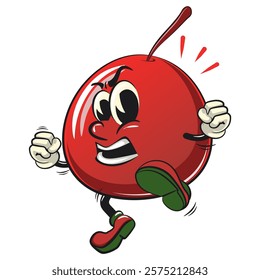 Cute red cherry fruit vektor illustration mascot character jumping and kicking, work of hand drawn