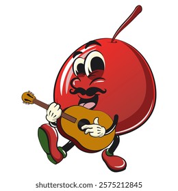 Cute red cherry fruit vektor illustration mascot character with moustache playing guitar, work of hand drawn