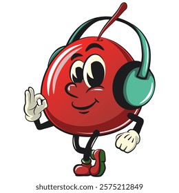 Cute red cherry fruit vektor illustration mascot character listening to headset while dancing, work of hand drawn