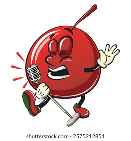 Cute red cherry fruit vektor illustration mascot character sing earnestly with maximum style, work of hand drawn