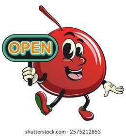 Cute red cherry fruit vektor illustration mascot character showing a sign that says open, work of hand drawn