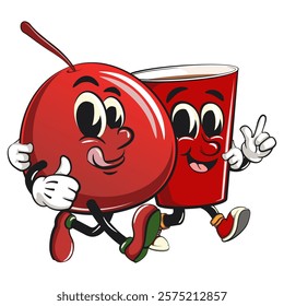 Cute red cherry fruit vektor illustration mascot character walk with a red cup character while giving thumbs up, work of hand drawn