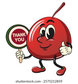 Cute red cherry fruit vektor illustration mascot character say thank you, work of hand drawn