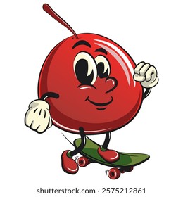 Cute red cherry fruit vektor illustration mascot character playing skateboard, work of hand drawn