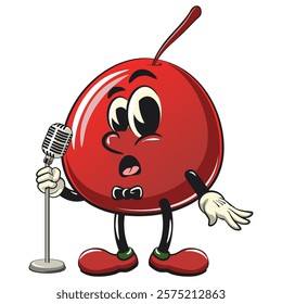 Cute red cherry fruit vektor illustration mascot character on front of the mic become a stand up comedian, work of hand drawn