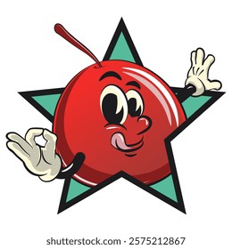 Cute red cherry fruit vektor illustration mascot character out from of a star by giving an OK sign, work of hand drawn