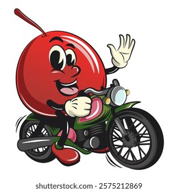 Cute red cherry fruit vektor illustration mascot character riding a big motorcycle, work of hand drawn