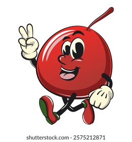 Cute red cherry fruit vektor illustration mascot character walking with a peace sign, work of hand drawn