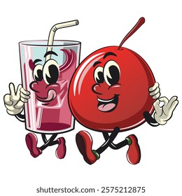 Cute red cherry fruit vektor illustration mascot character walk with a glass juice ice character while giving a peace and giving an ok sign, work of hand drawn