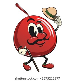 Cute red cherry fruit vektor illustration mascot character walk with a stick and saluting with raised hat, work of hand drawn