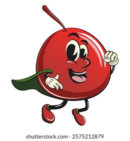 Cute red cherry fruit vektor illustration mascot character as flying superhero wearing a robe, work of hand drawn