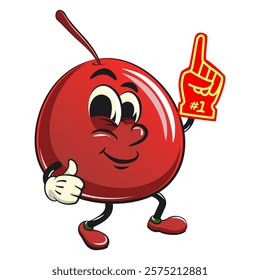 Cute red cherry fruit vektor illustration mascot character raise foam finger, work of hand drawn