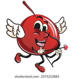 Cute red cherry fruit vektor illustration mascot character being cupid with angel wings and the arrow of love, work of hand drawn