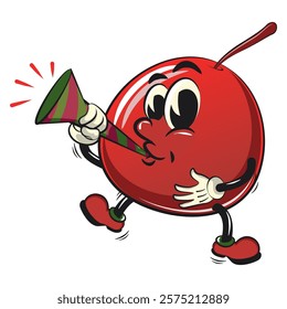 Cute red cherry fruit vektor illustration mascot character blow the party horn trumpet, work of hand drawn