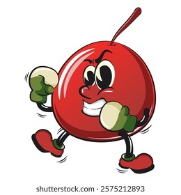 Cute red cherry fruit vektor illustration mascot character practicing boxing wearing boxing glove, work of hand drawn