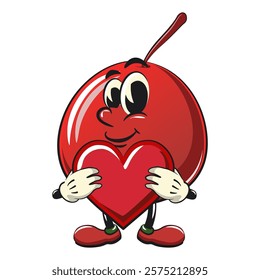 Cute red cherry fruit vektor illustration mascot character hold the heart with love, work of hand drawn