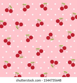 Cute Red Cherry And Green Leaf With White Polka Dot Isolated On Pink Pastel Background.Design For Print Screen Backdrop ,Fabric And Tile Pattern Wallpaper.Cartoon Fruit. 