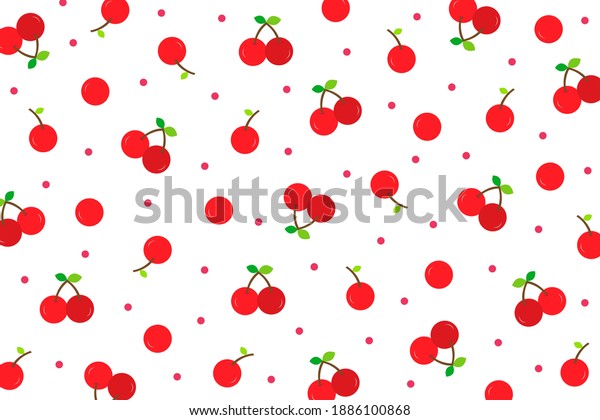 白い背景にかわいい赤い桜と緑の葉と赤いポルカドット 印刷画面の背景にデザイン 布地 タイルの壁紙 カートーンフルーツ のベクター画像素材 ロイヤリティフリー