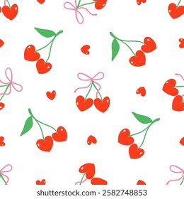 Cute red cherry heart valentine seamless pattern Girly trendy background Digital paper
