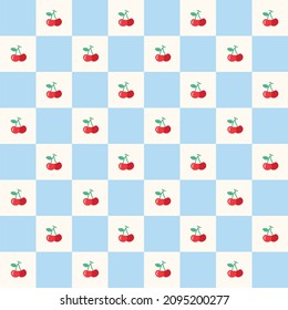 Cute Red Cherry Leaf Fruit Element White Blue Checkered Gingham Pattern. Cartoon Illustration, Mat, Fabric, Textile, Scarf, Wrapping Paper