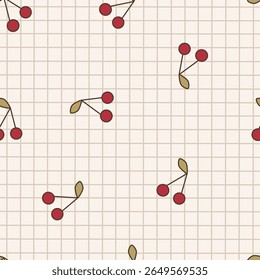 Cereja vermelha bonito no padrão sem emenda de tartan. Faça doodle de frutas no vetor verificado para papel de parede, têxtil, moda, fundo, estacionário, embalagem, cartão e casos de telefone.