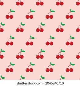 Cute Red Cherry Seamless Pattern. Fruits Background Vector Illustration Icon. Soft Pink Color Wallpaper. Cartoon Flat Design Simple for Wrapping paper, Decorative, Textile. Girly Kids Children Pattern