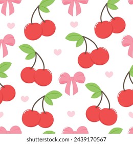 Lindo vector de fondo de patrón sin fisuras de cereza roja. Precioso papel pintado de azulejos dibujado a mano de fruta de cereza, hoja, cinta en el patrón. Ilustración de diseño creativo estético para tela, embalaje, azulejos.