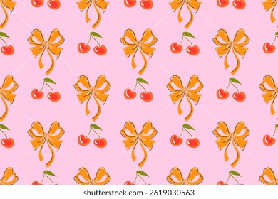 Cute red cherry with yellow coquette bows seamless pattern. Trellis with fruit on pink color background