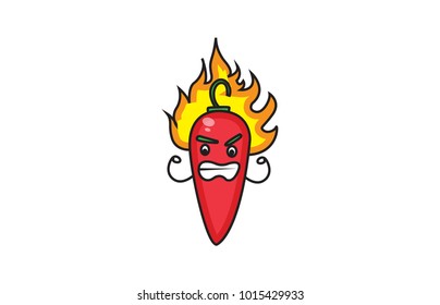 Cute red Chili in Anger. Vector Illustration . Isolated on a white background.