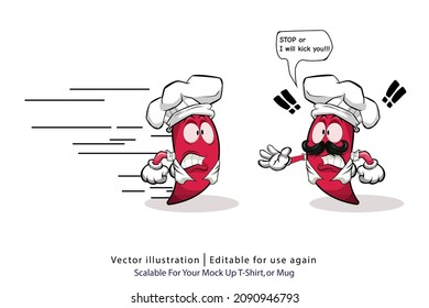 Cute red chili cartoon character animation. Comic characters. Chilli chef cook
