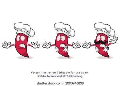 Cute red chili cartoon character animation. Comic characters. Chilli chef cook