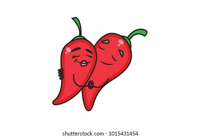 Cute red Chili Hugging another chilli. Vector Illustration . Isolated on a white background.