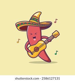 Cute red chili pepper vector playing guitar wearing mexican sombrero hat. Mexican cinco de mayo celebration.