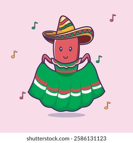 Cute red chili pepper vector dancing while wearing Mexican dress and sombrero hat. Mexican cinco de mayo celebration.