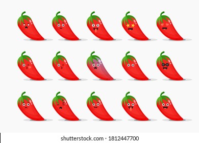 Cute red chilies with emoticons set