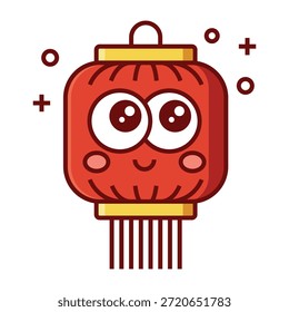 Cute red Chinese lantern character with tassels and sparkles for Lunar New Year isolated on transparent background.